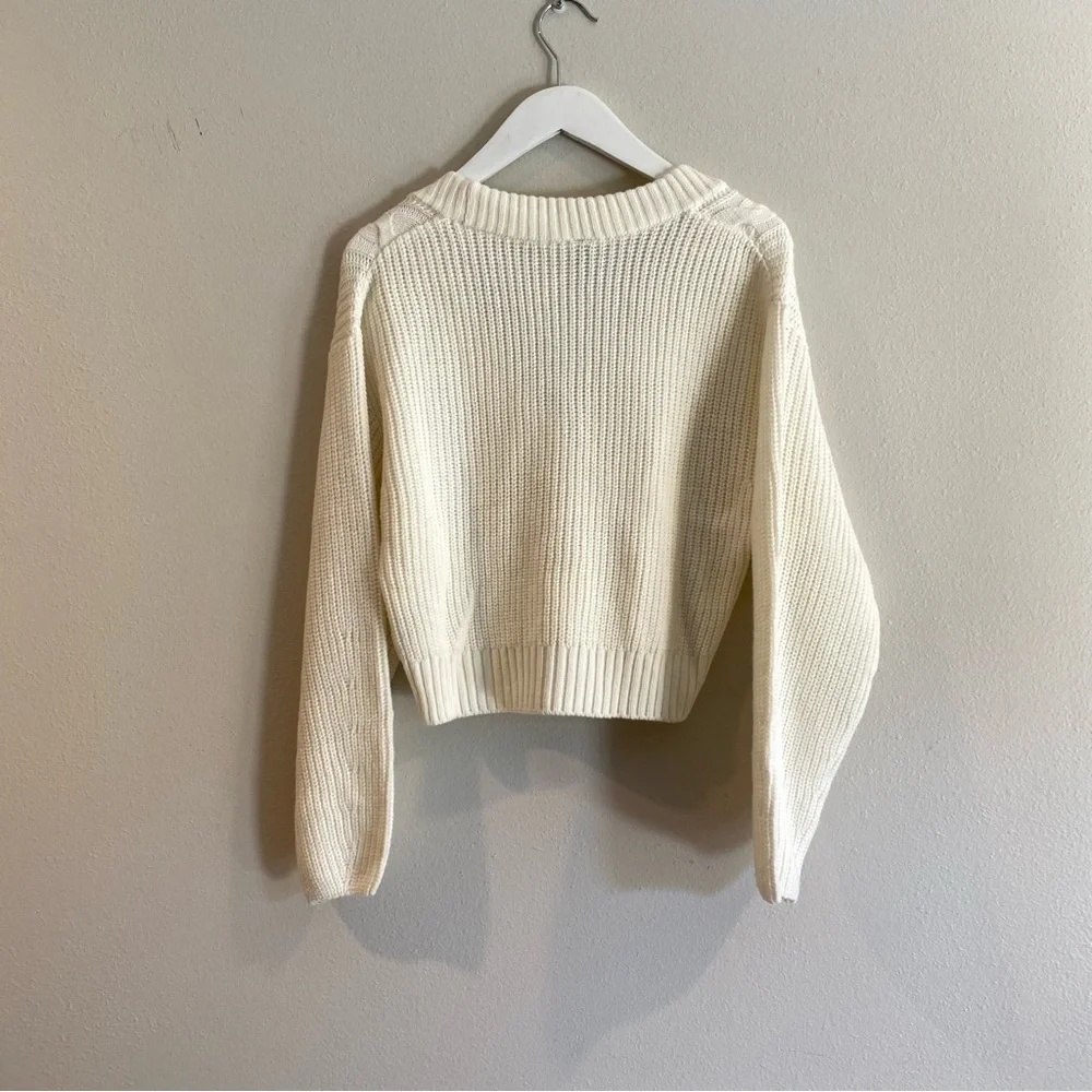 Cream Cropped Cable-Knit V-Neck Cardigan Sweater Size S neutral Cozycore - Picture 9 of 9